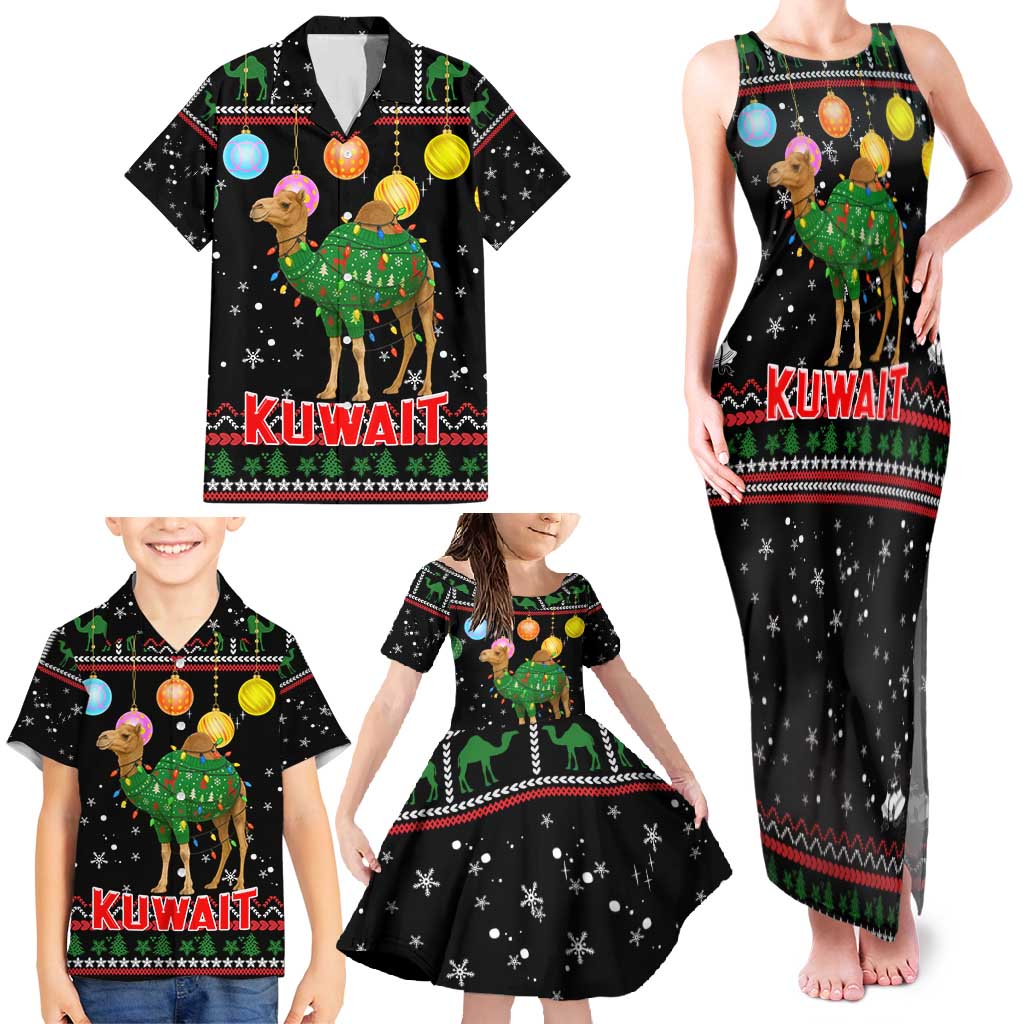 Kuwait Christmas Family Matching Tank Maxi Dress and Hawaiian Shirt with Camel in Festive Ornaments Snowflakes and Green Red - Wonder Print Shop