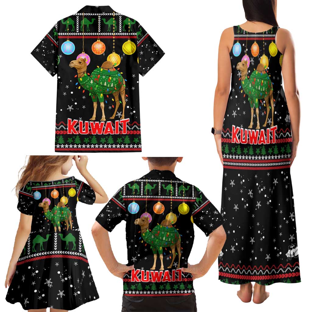 Kuwait Christmas Family Matching Tank Maxi Dress and Hawaiian Shirt with Camel in Festive Ornaments Snowflakes and Green Red - Wonder Print Shop