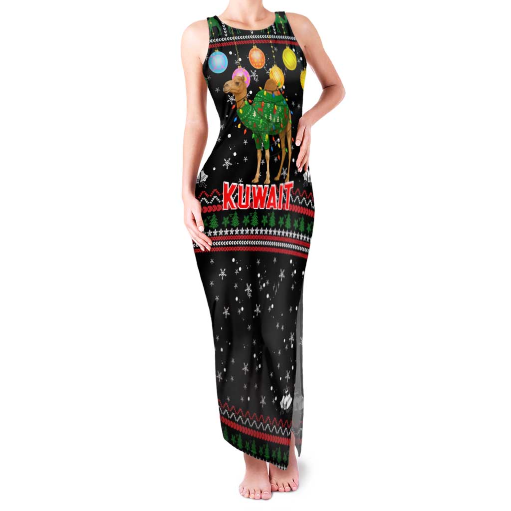Kuwait Christmas Family Matching Tank Maxi Dress and Hawaiian Shirt with Camel in Festive Ornaments Snowflakes and Green Red - Wonder Print Shop