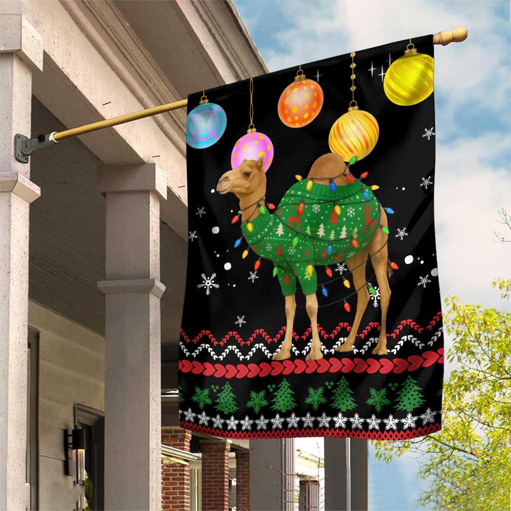 Kuwait Christmas Garden Flag with Camel in Festive Ornaments Snowflakes and Green Red - Wonder Print Shop