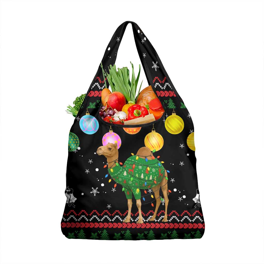 Kuwait Christmas Grocery Bag with Camel in Festive Ornaments Snowflakes and Green Red - Wonder Print Shop