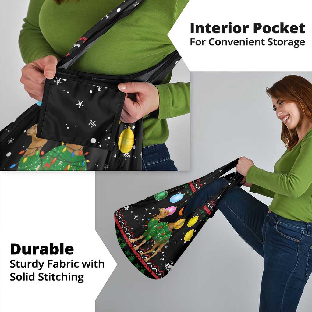 Kuwait Christmas Grocery Bag with Camel in Festive Ornaments Snowflakes and Green Red - Wonder Print Shop