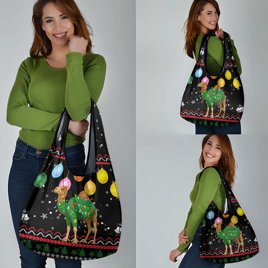 Kuwait Christmas Grocery Bag with Camel in Festive Ornaments Snowflakes and Green Red - Wonder Print Shop