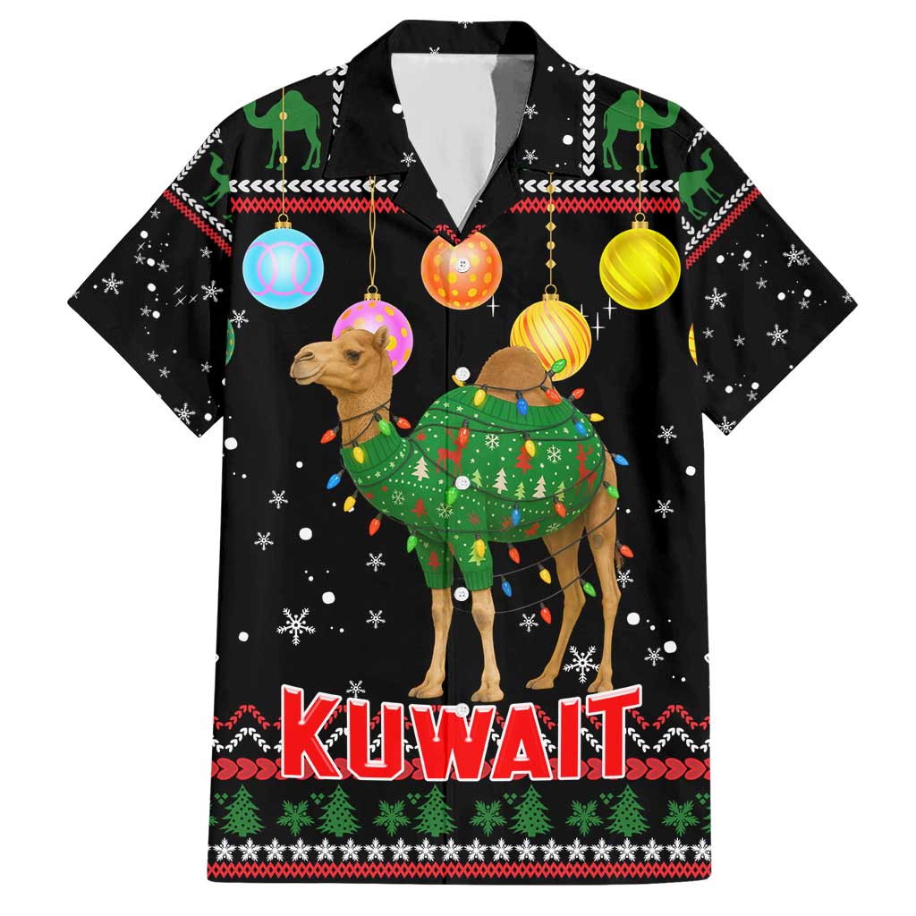 Kuwait Christmas Hawaiian Shirt with Camel in Festive Ornaments Snowflakes and Green Red - Wonder Print Shop