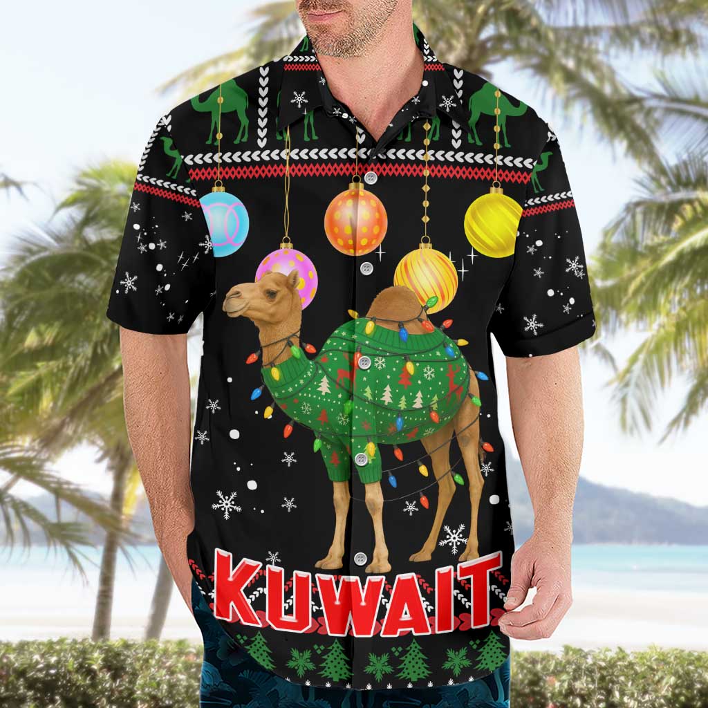 Kuwait Christmas Hawaiian Shirt with Camel in Festive Ornaments Snowflakes and Green Red - Wonder Print Shop