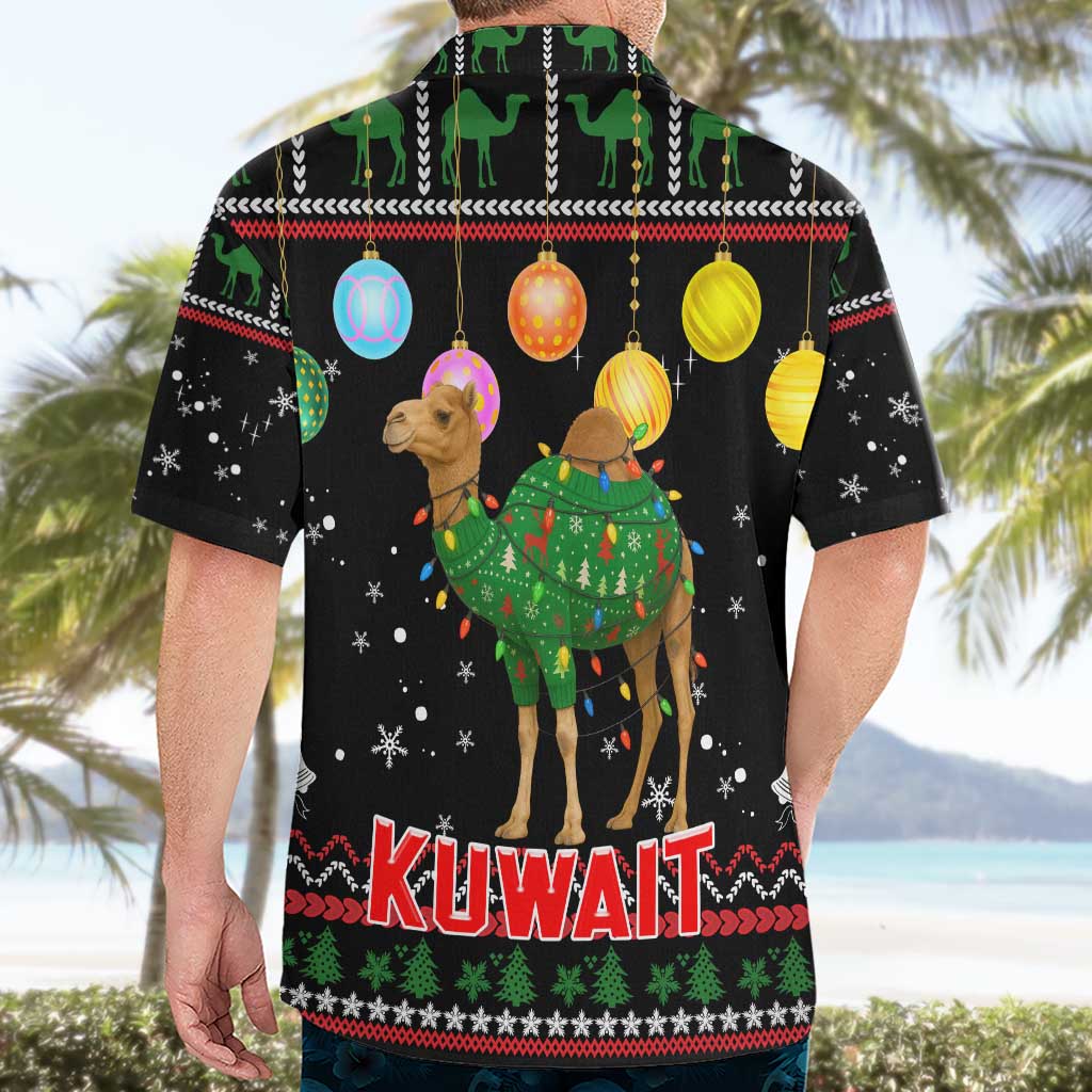 Kuwait Christmas Hawaiian Shirt with Camel in Festive Ornaments Snowflakes and Green Red - Wonder Print Shop