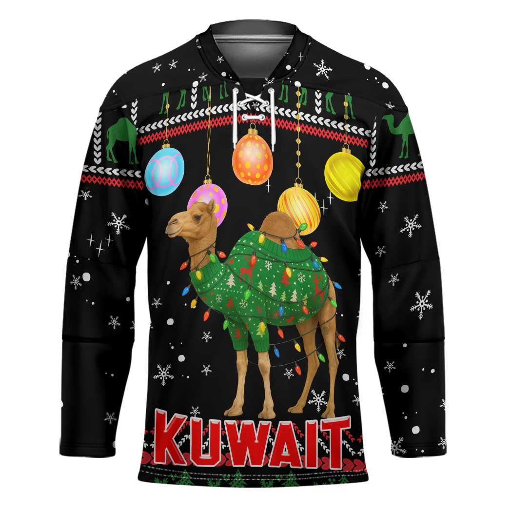 Kuwait Christmas Hockey Jersey with Camel in Festive Ornaments Snowflakes and Green Red - Wonder Print Shop
