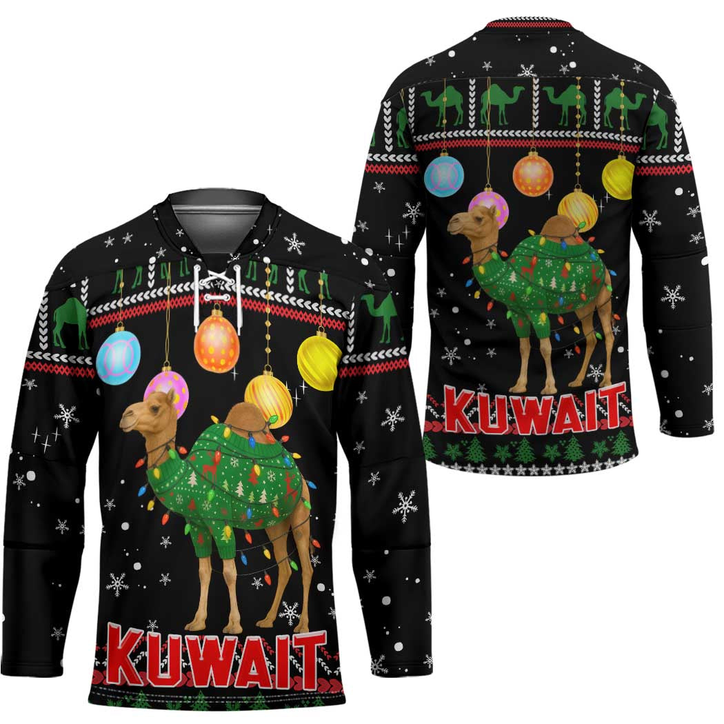 Kuwait Christmas Hockey Jersey with Camel in Festive Ornaments Snowflakes and Green Red - Wonder Print Shop