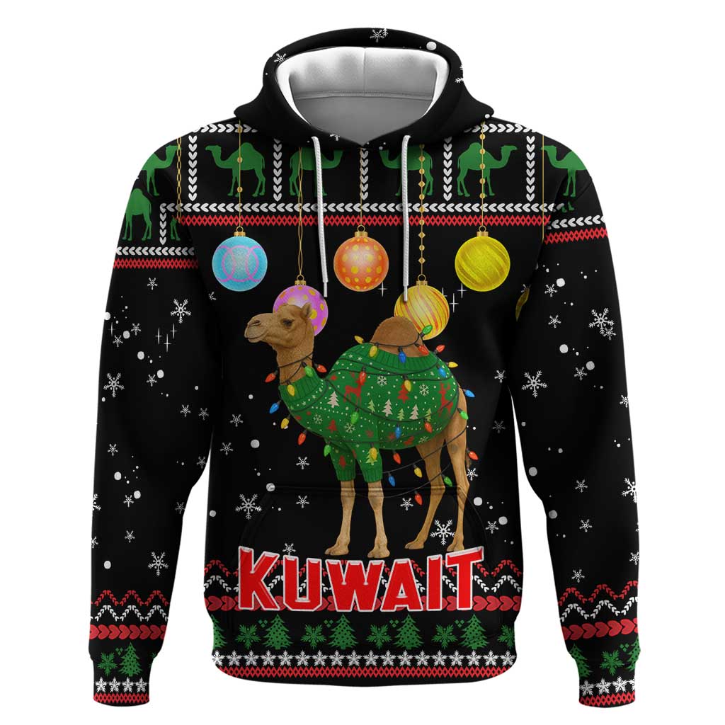 Kuwait Christmas Hoodie with Camel in Festive Ornaments Snowflakes and Green Red - Wonder Print Shop