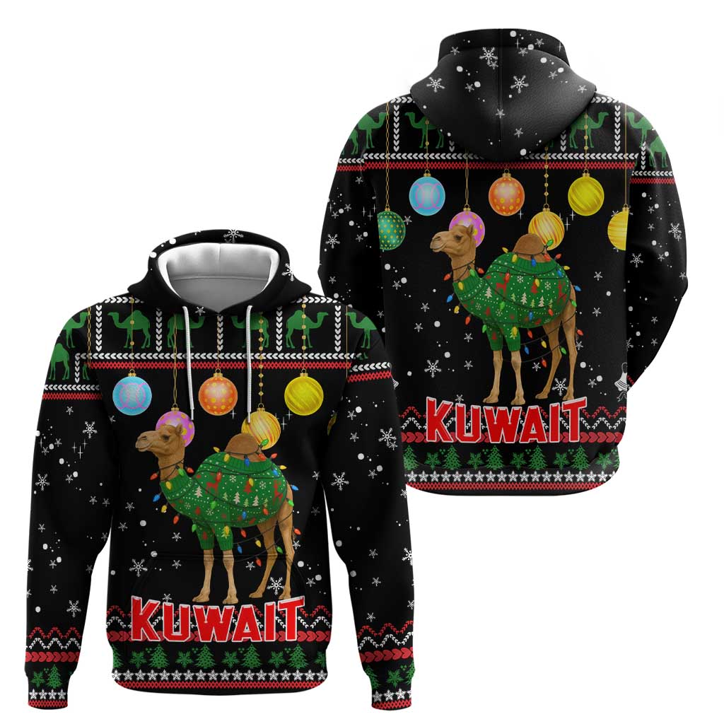 Kuwait Christmas Hoodie with Camel in Festive Ornaments Snowflakes and Green Red - Wonder Print Shop