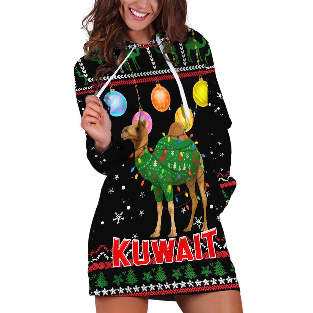 Kuwait Christmas Hoodie Dress with Camel in Festive Ornaments Snowflakes and Green Red - Wonder Print Shop