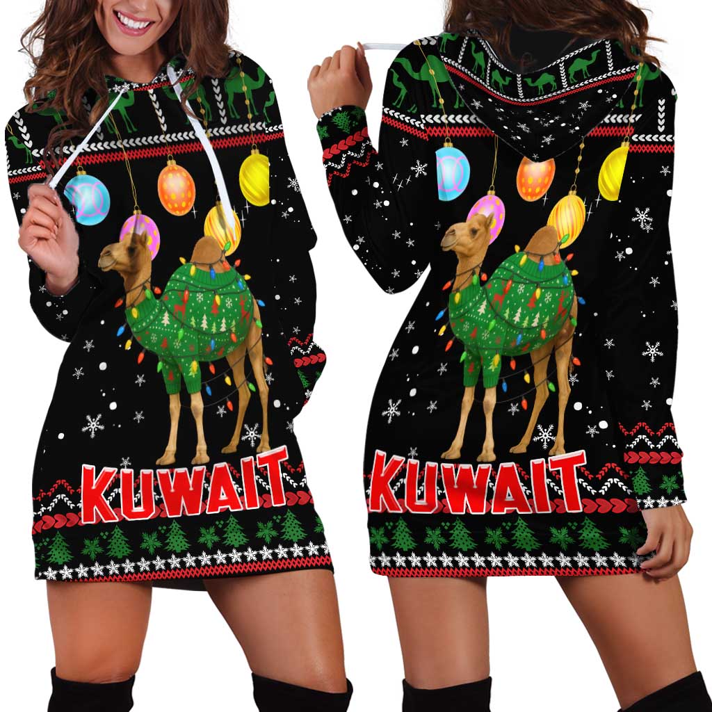 Kuwait Christmas Hoodie Dress with Camel in Festive Ornaments Snowflakes and Green Red - Wonder Print Shop