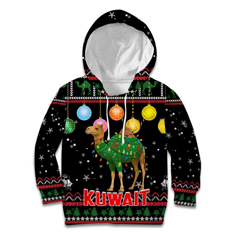 Kuwait Christmas Kid Hoodie with Camel in Festive Ornaments Snowflakes and Green Red - Wonder Print Shop