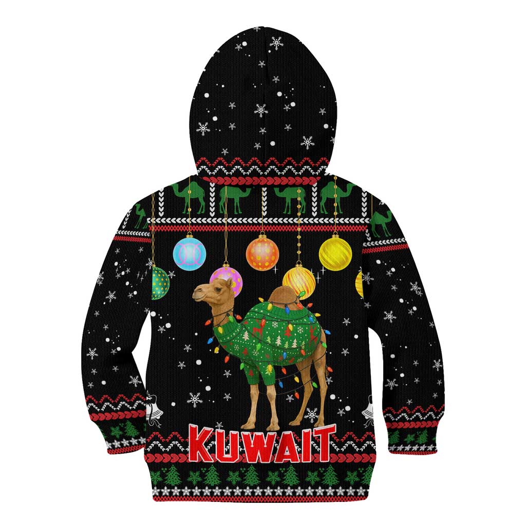 Kuwait Christmas Kid Hoodie with Camel in Festive Ornaments Snowflakes and Green Red - Wonder Print Shop