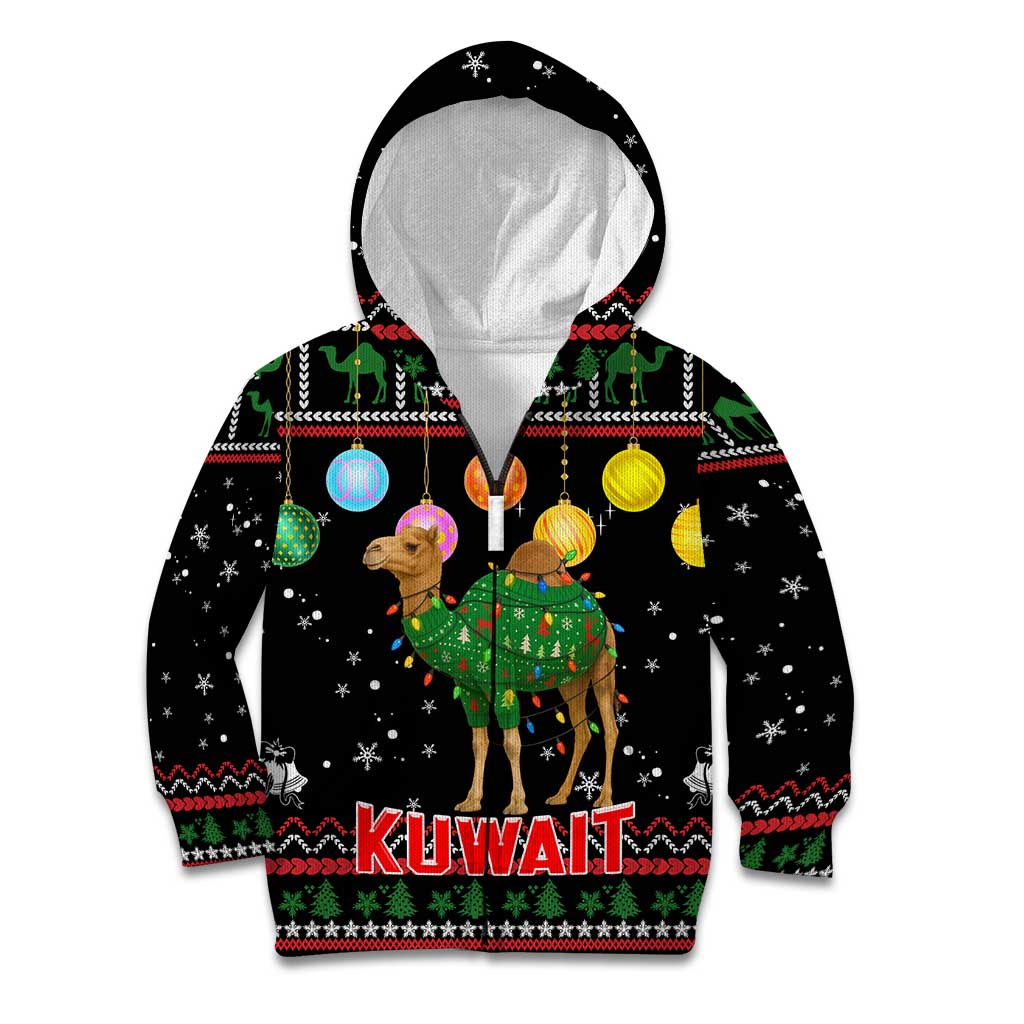 Kuwait Christmas Kid Hoodie with Camel in Festive Ornaments Snowflakes and Green Red - Wonder Print Shop