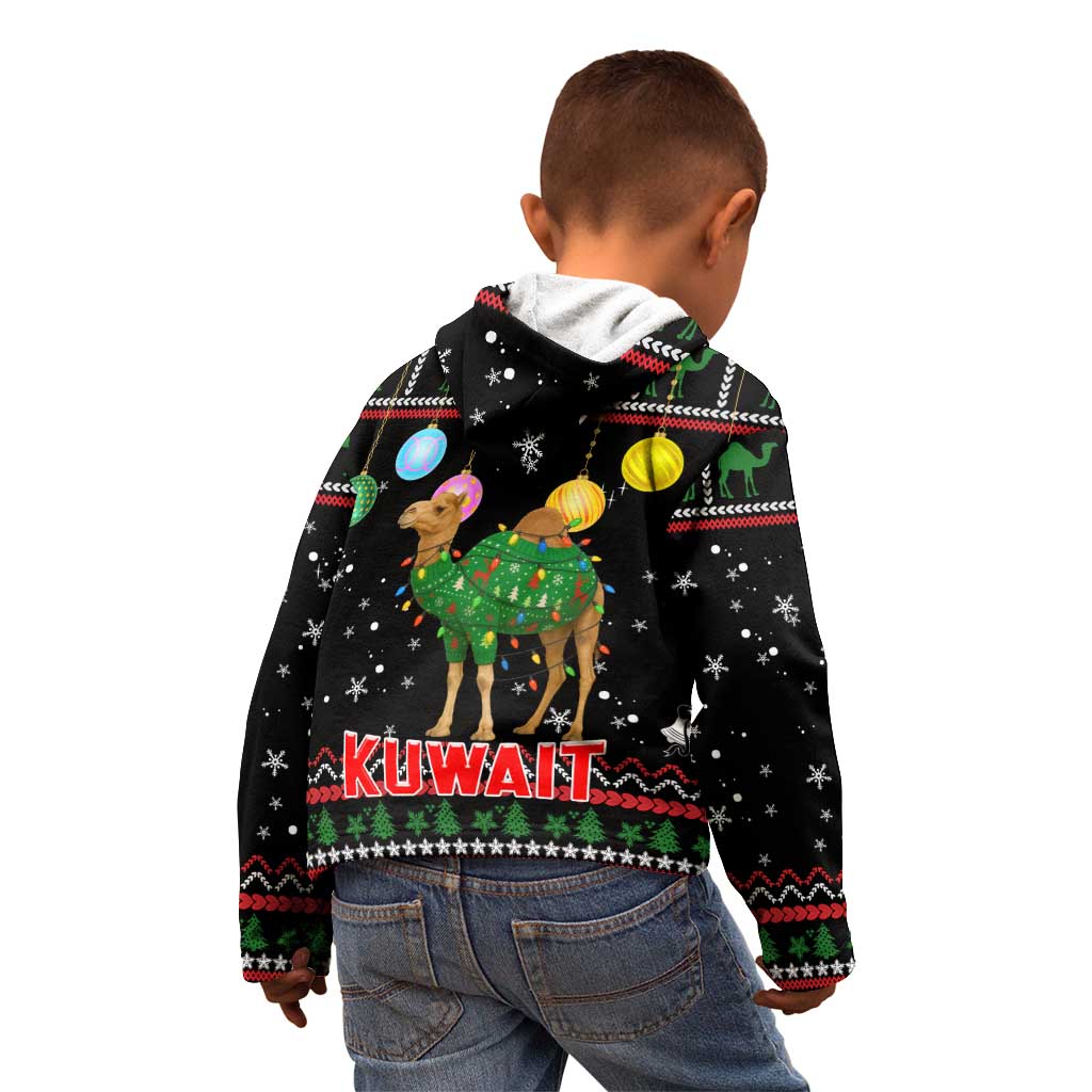 Kuwait Christmas Kid Hoodie with Camel in Festive Ornaments Snowflakes and Green Red - Wonder Print Shop