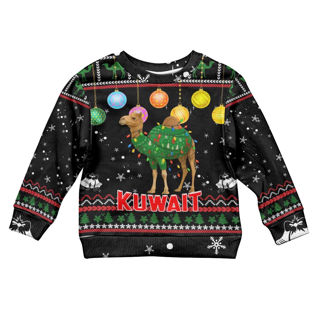 Kuwait Christmas Kid Ugly Christmas Sweater with Camel in Festive Ornaments Snowflakes and Green Red - Wonder Print Shop