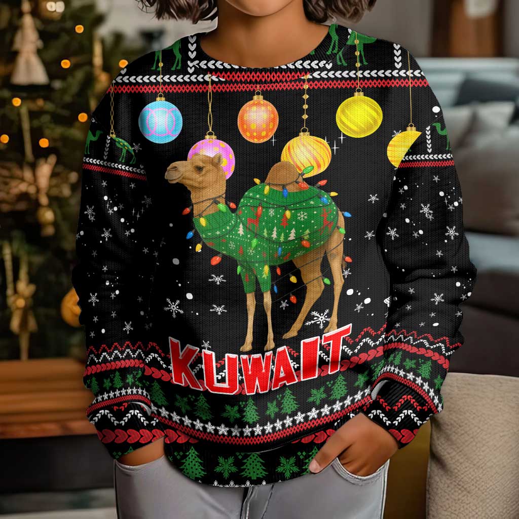 Kuwait Christmas Kid Ugly Christmas Sweater with Camel in Festive Ornaments Snowflakes and Green Red - Wonder Print Shop