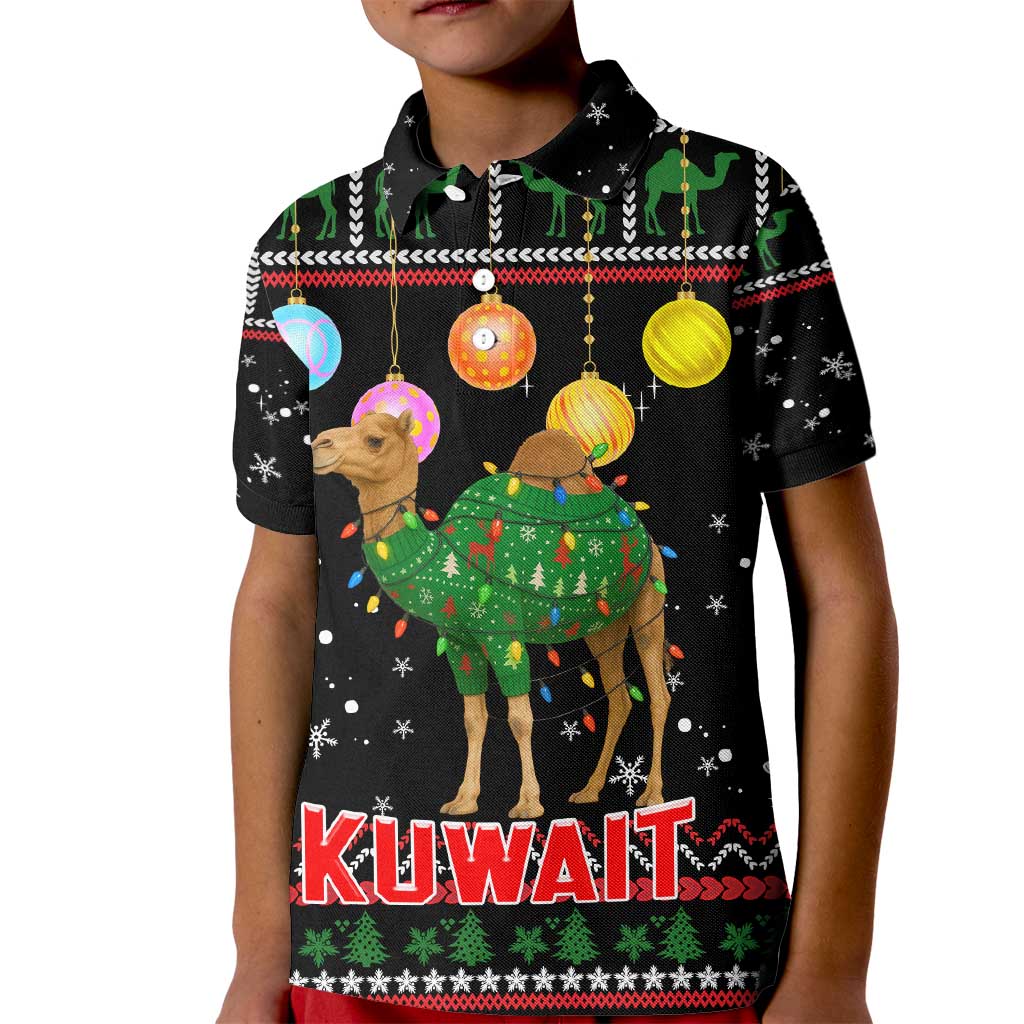 Kuwait Christmas Kid Polo Shirt with Camel in Festive Ornaments Snowflakes and Green Red - Wonder Print Shop