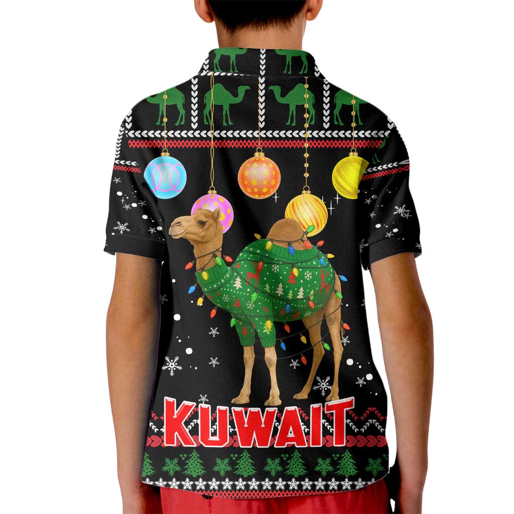 Kuwait Christmas Kid Polo Shirt with Camel in Festive Ornaments Snowflakes and Green Red - Wonder Print Shop