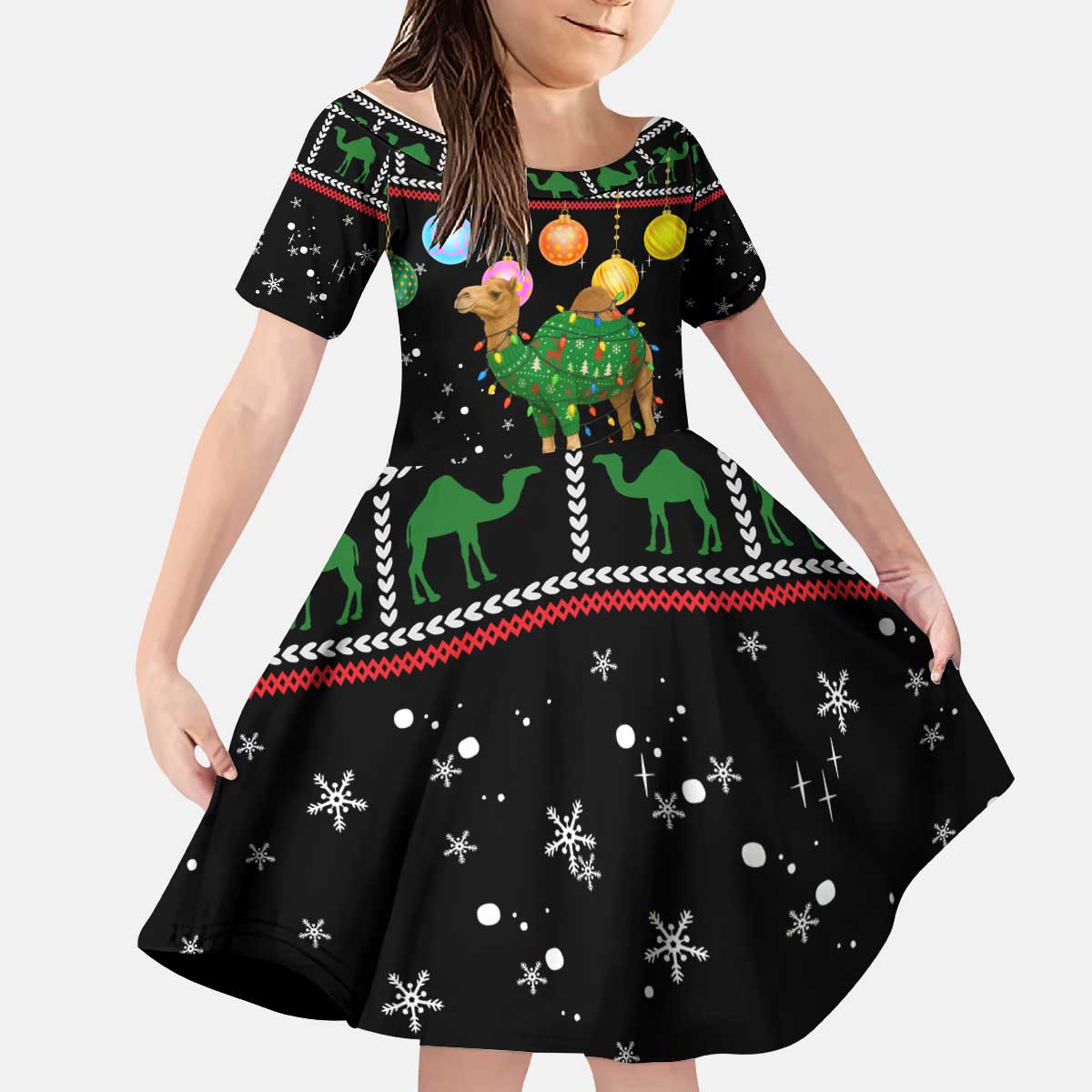 Kuwait Christmas Kid Short Sleeve Dress with Camel in Festive Ornaments Snowflakes and Green Red - Wonder Print Shop