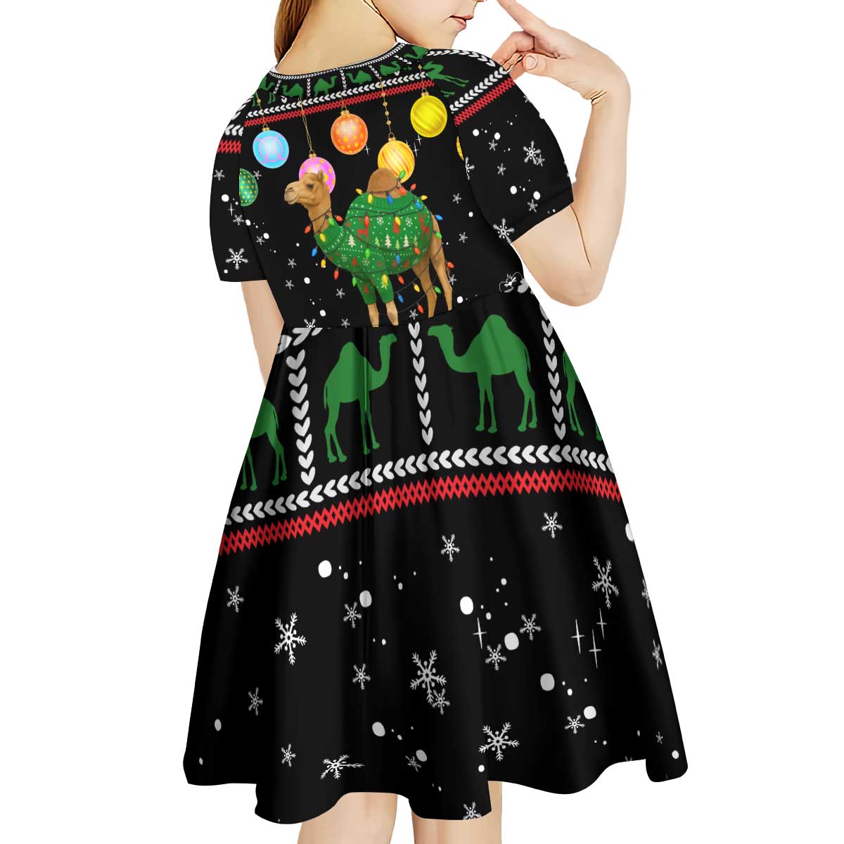 Kuwait Christmas Kid Short Sleeve Dress with Camel in Festive Ornaments Snowflakes and Green Red - Wonder Print Shop