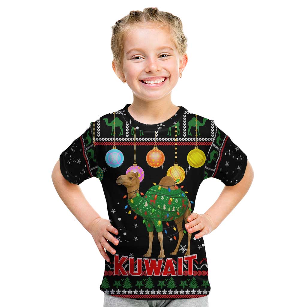 Kuwait Christmas Kid T Shirt with Camel in Festive Ornaments Snowflakes and Green Red - Wonder Print Shop
