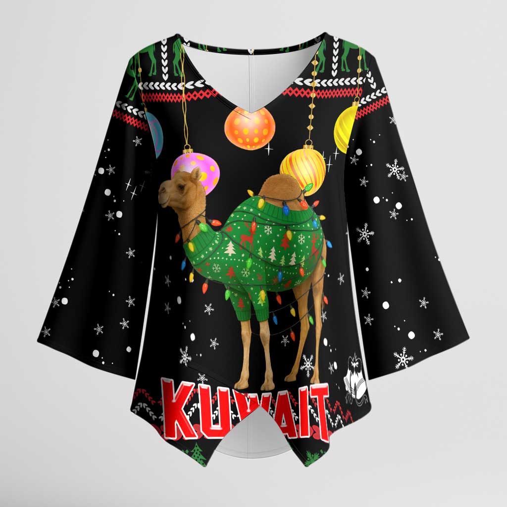 Kuwait Christmas Kimono Sleeve Blouse with Camel in Festive Ornaments Snowflakes and Green Red - Wonder Print Shop