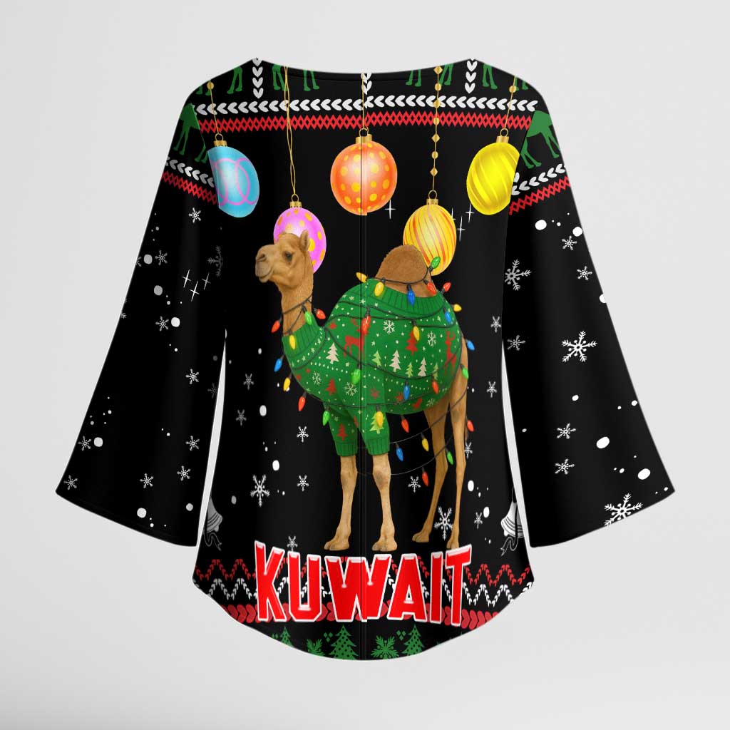 Kuwait Christmas Kimono Sleeve Blouse with Camel in Festive Ornaments Snowflakes and Green Red - Wonder Print Shop