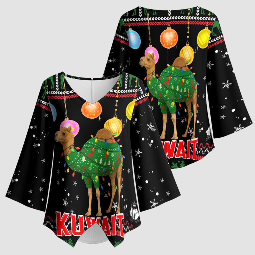 Kuwait Christmas Kimono Sleeve Blouse with Camel in Festive Ornaments Snowflakes and Green Red - Wonder Print Shop