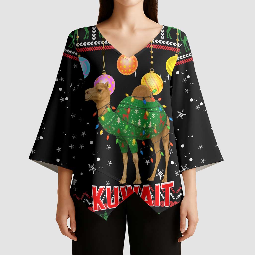 Kuwait Christmas Kimono Sleeve Blouse with Camel in Festive Ornaments Snowflakes and Green Red - Wonder Print Shop