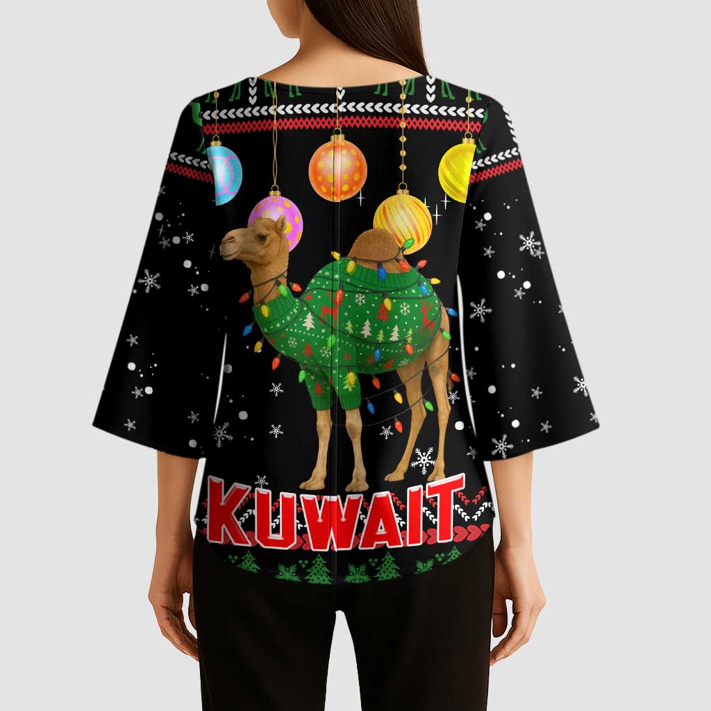 Kuwait Christmas Kimono Sleeve Blouse with Camel in Festive Ornaments Snowflakes and Green Red - Wonder Print Shop