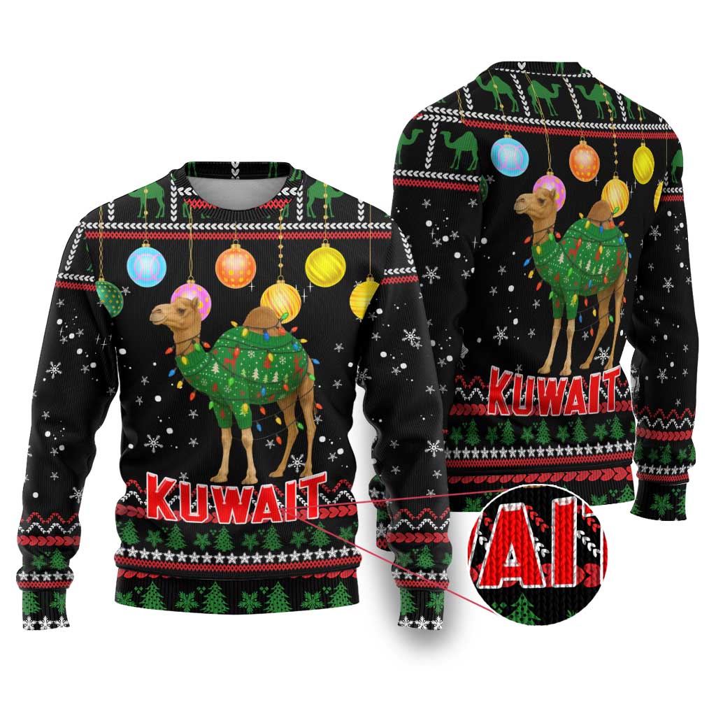 Kuwait Christmas Ugly Christmas Sweater with Camel in Festive Ornaments Snowflakes and Green Red - Wonder Print Shop