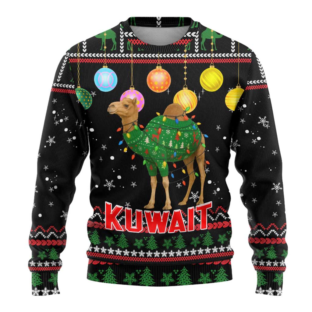 Kuwait Christmas Ugly Christmas Sweater with Camel in Festive Ornaments Snowflakes and Green Red - Wonder Print Shop