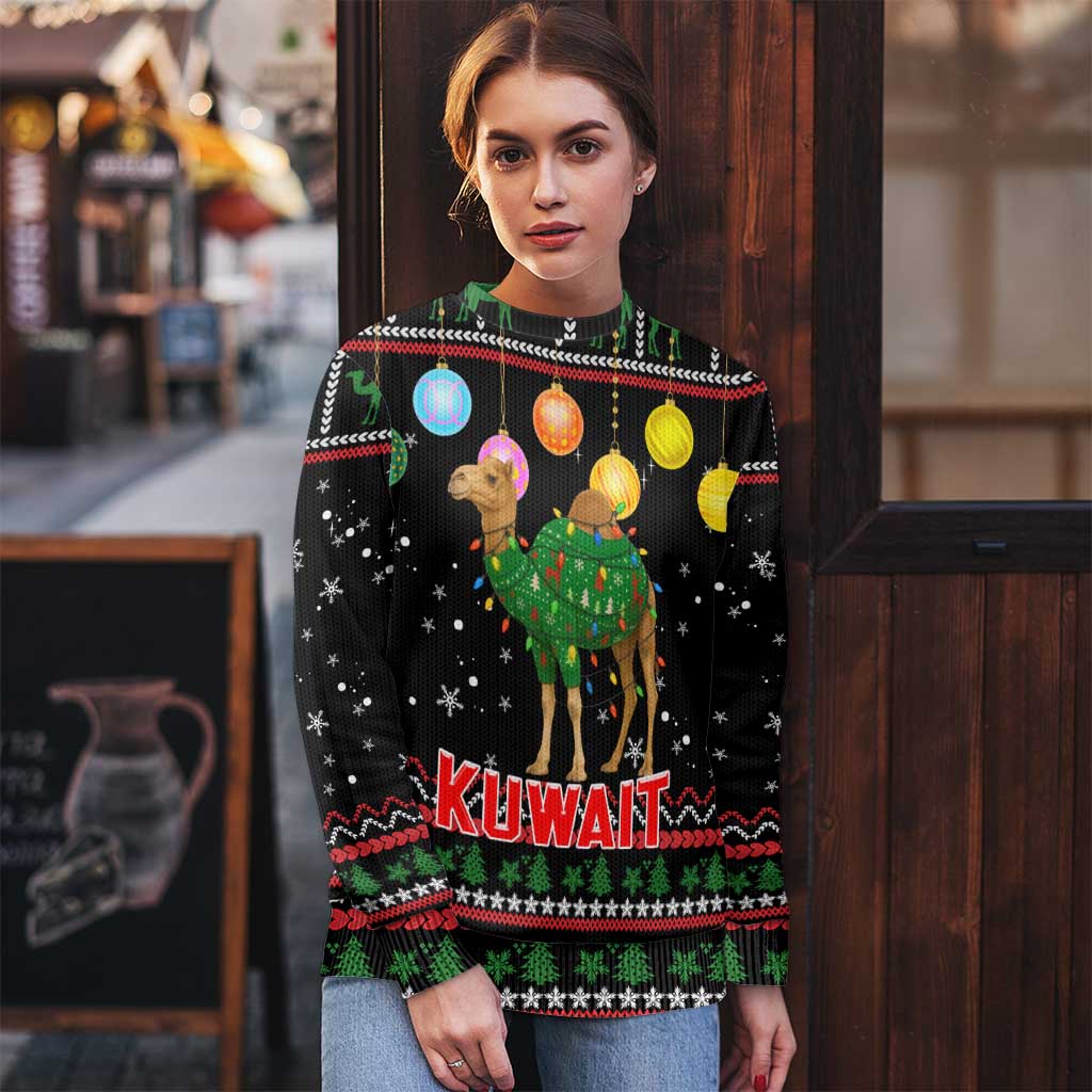 Kuwait Christmas Ugly Christmas Sweater with Camel in Festive Ornaments Snowflakes and Green Red - Wonder Print Shop