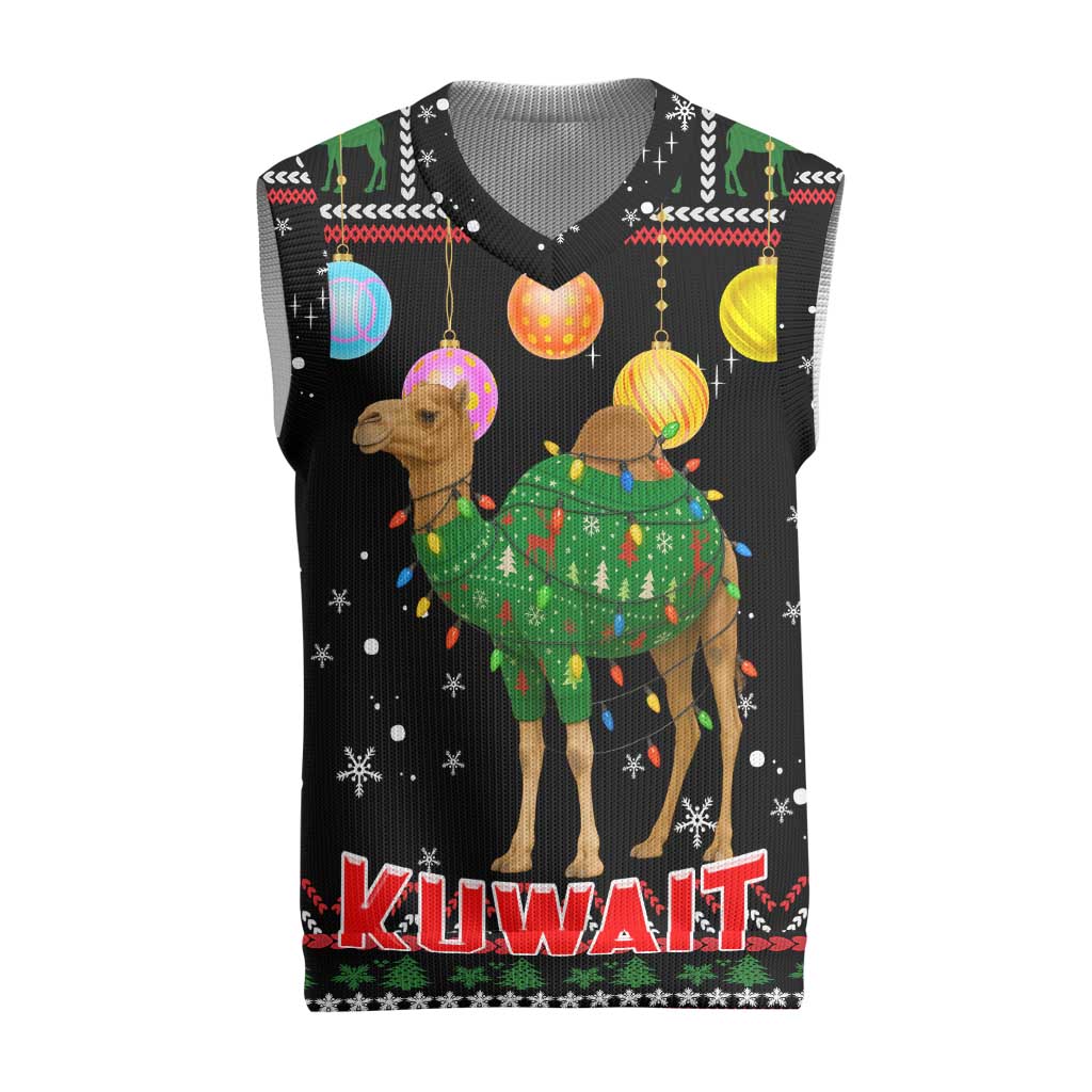 Kuwait Christmas Knitted V-Neck Vest with Camel in Festive Ornaments Snowflakes and Green Red - Wonder Print Shop