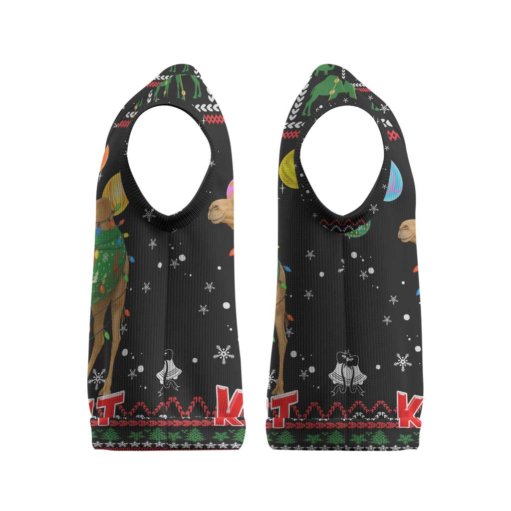 Kuwait Christmas Knitted V-Neck Vest with Camel in Festive Ornaments Snowflakes and Green Red - Wonder Print Shop