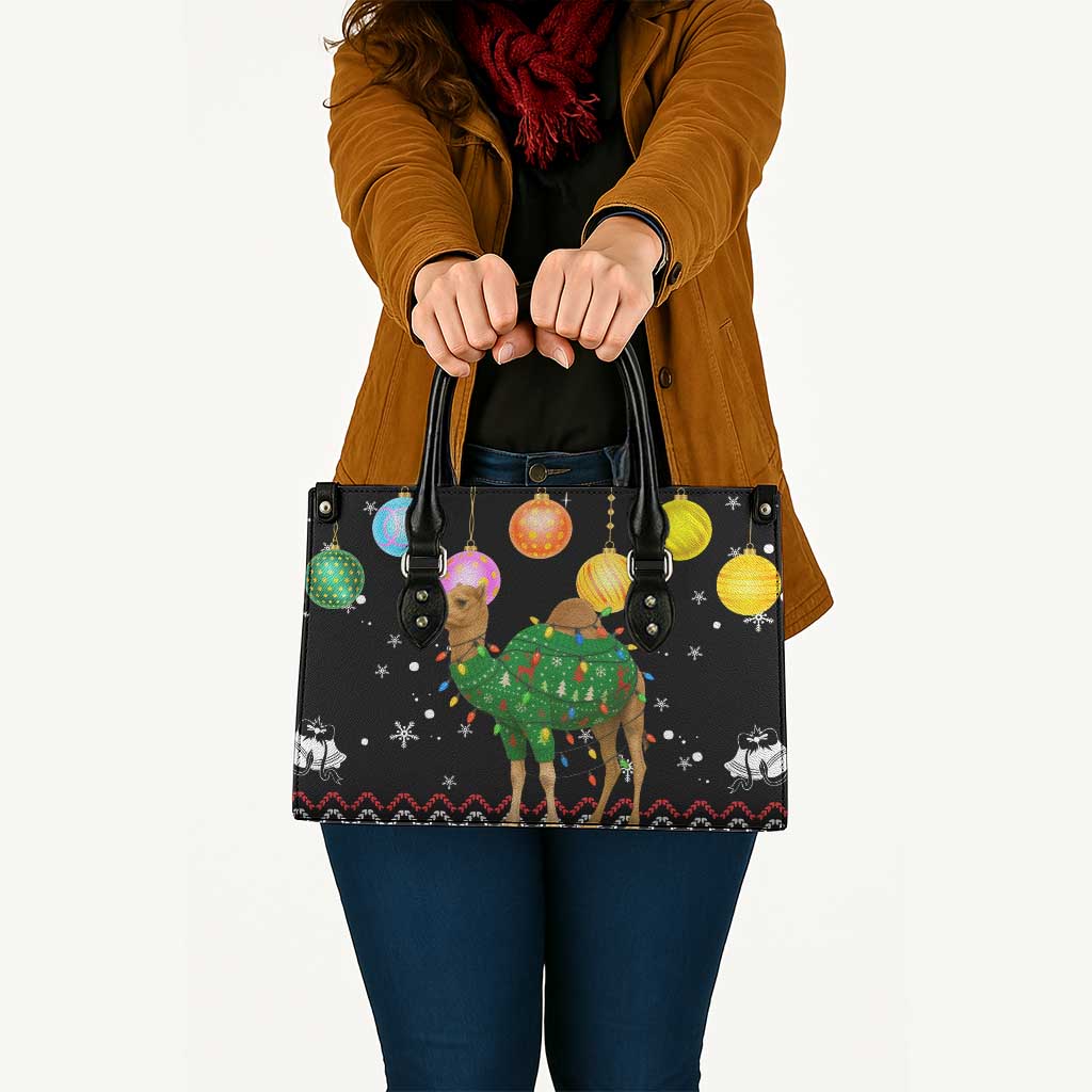 Kuwait Christmas Leather Bag with Camel in Festive Ornaments Snowflakes and Green Red - Wonder Print Shop