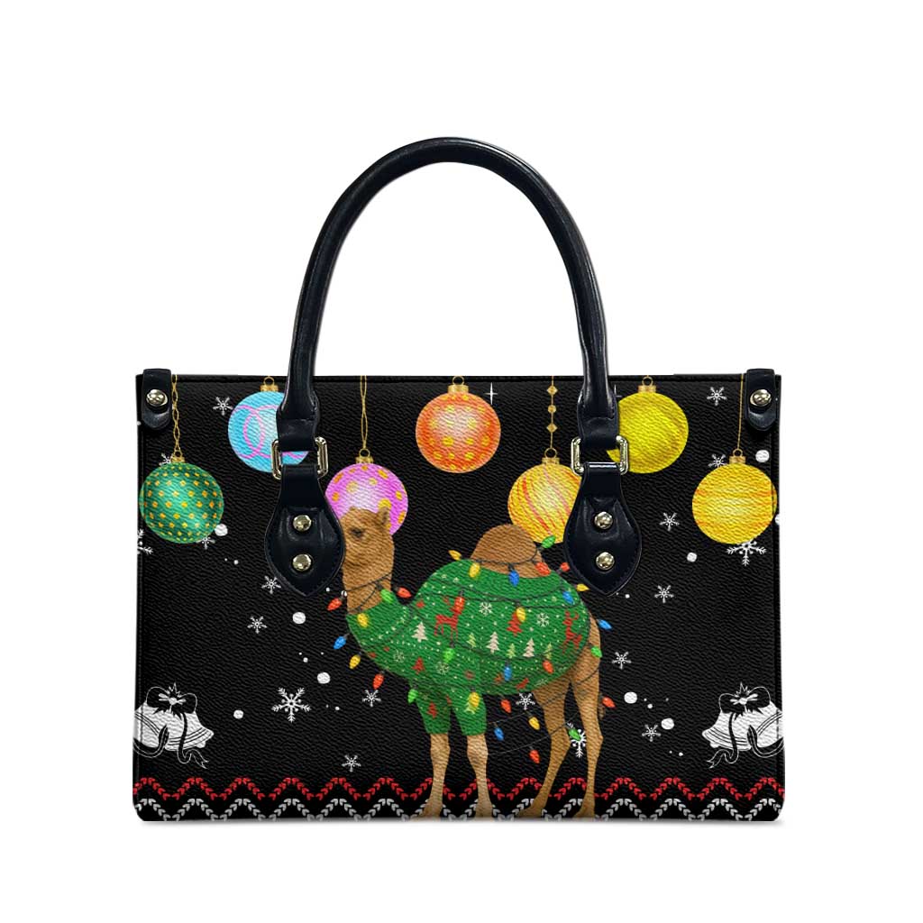 Kuwait Christmas Leather Bag with Camel in Festive Ornaments Snowflakes and Green Red - Wonder Print Shop