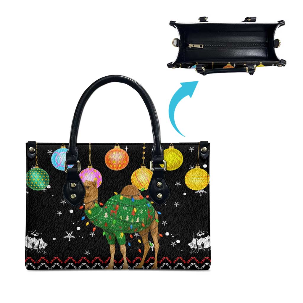 Kuwait Christmas Leather Bag with Camel in Festive Ornaments Snowflakes and Green Red - Wonder Print Shop