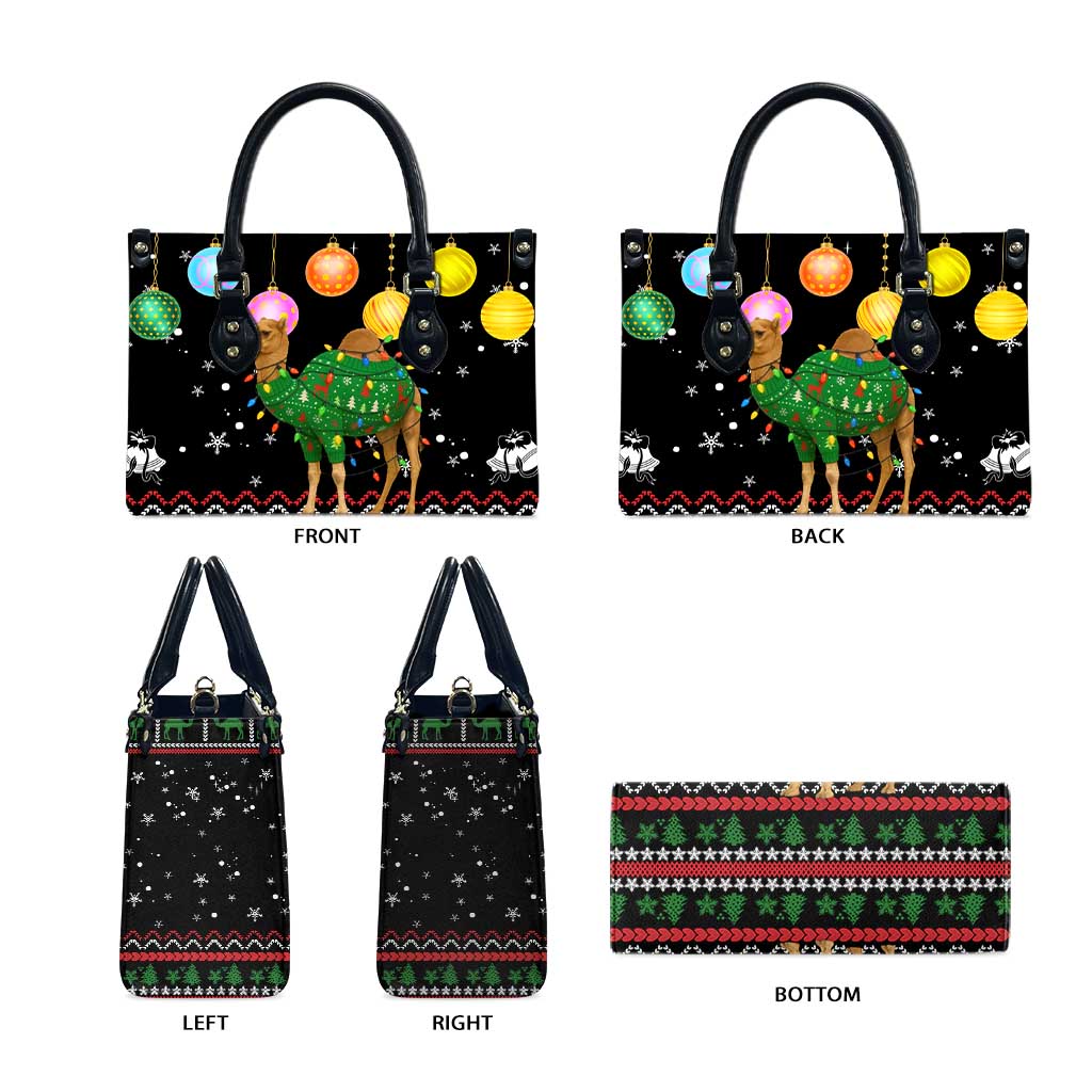 Kuwait Christmas Leather Bag with Camel in Festive Ornaments Snowflakes and Green Red - Wonder Print Shop