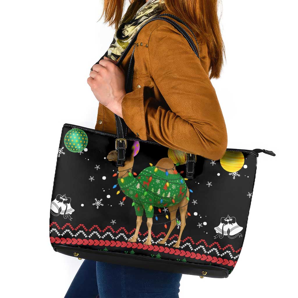 Kuwait Christmas Leather Tote Bag with Camel in Festive Ornaments Snowflakes and Green Red - Wonder Print Shop