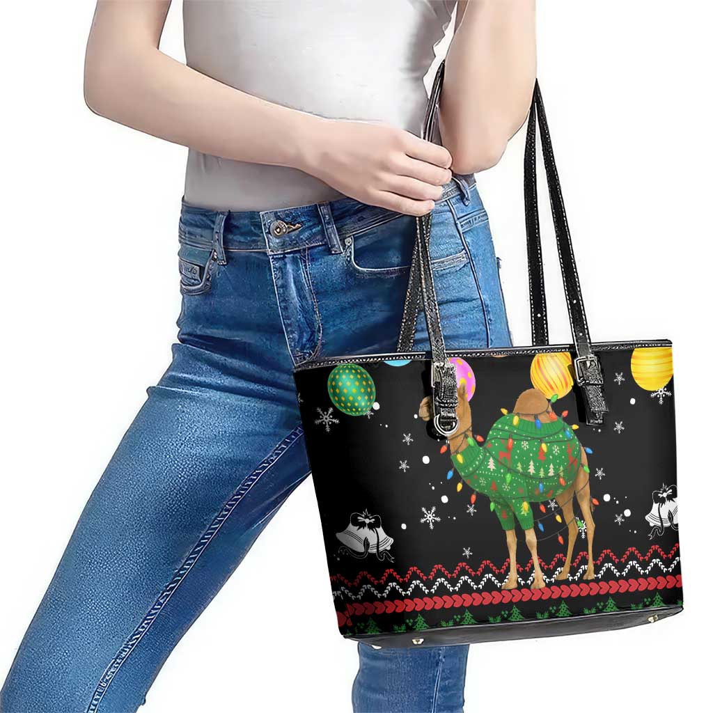 Kuwait Christmas Leather Tote Bag with Camel in Festive Ornaments Snowflakes and Green Red - Wonder Print Shop