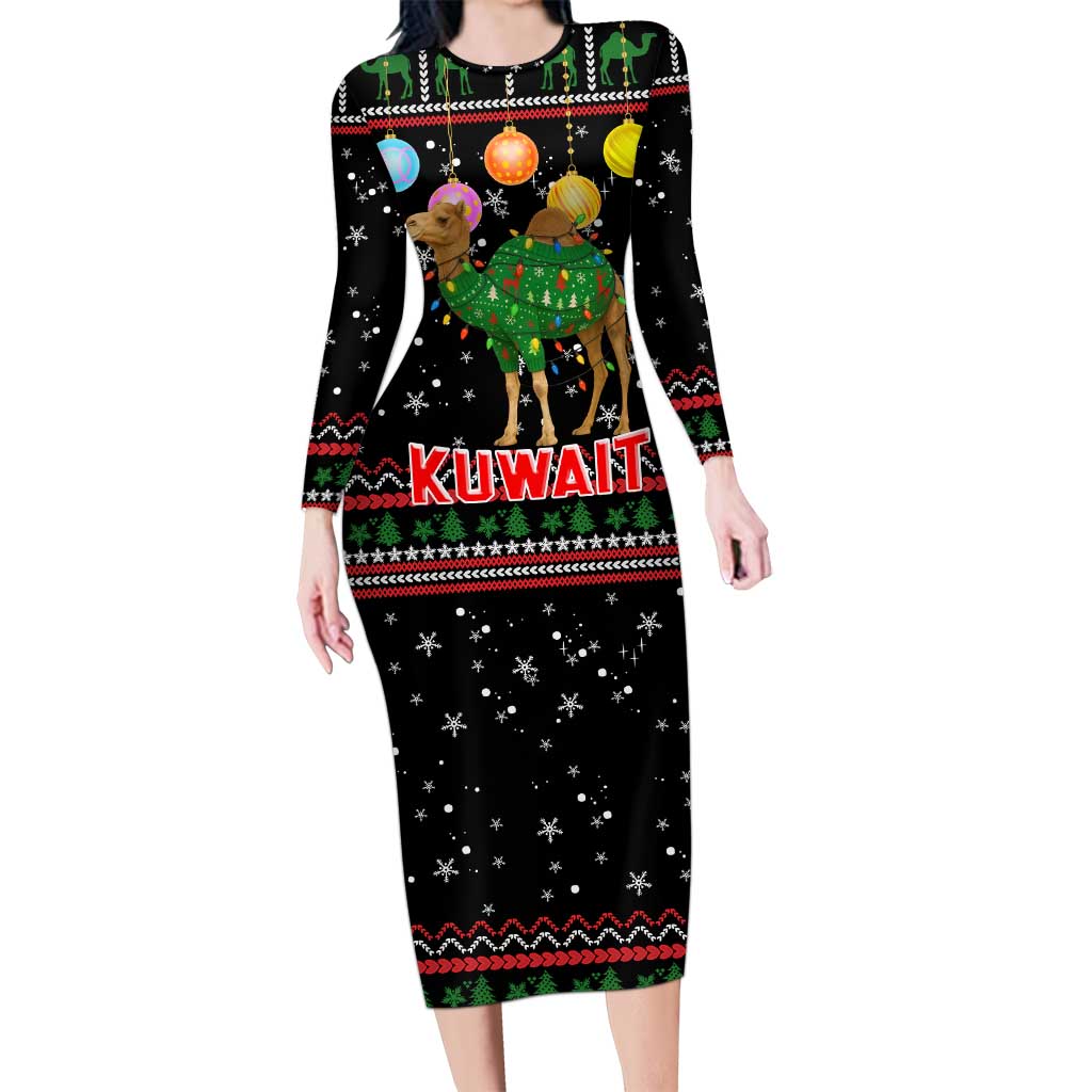 Kuwait Christmas Long Sleeve Bodycon Dress with Camel in Festive Ornaments Snowflakes and Green Red - Wonder Print Shop