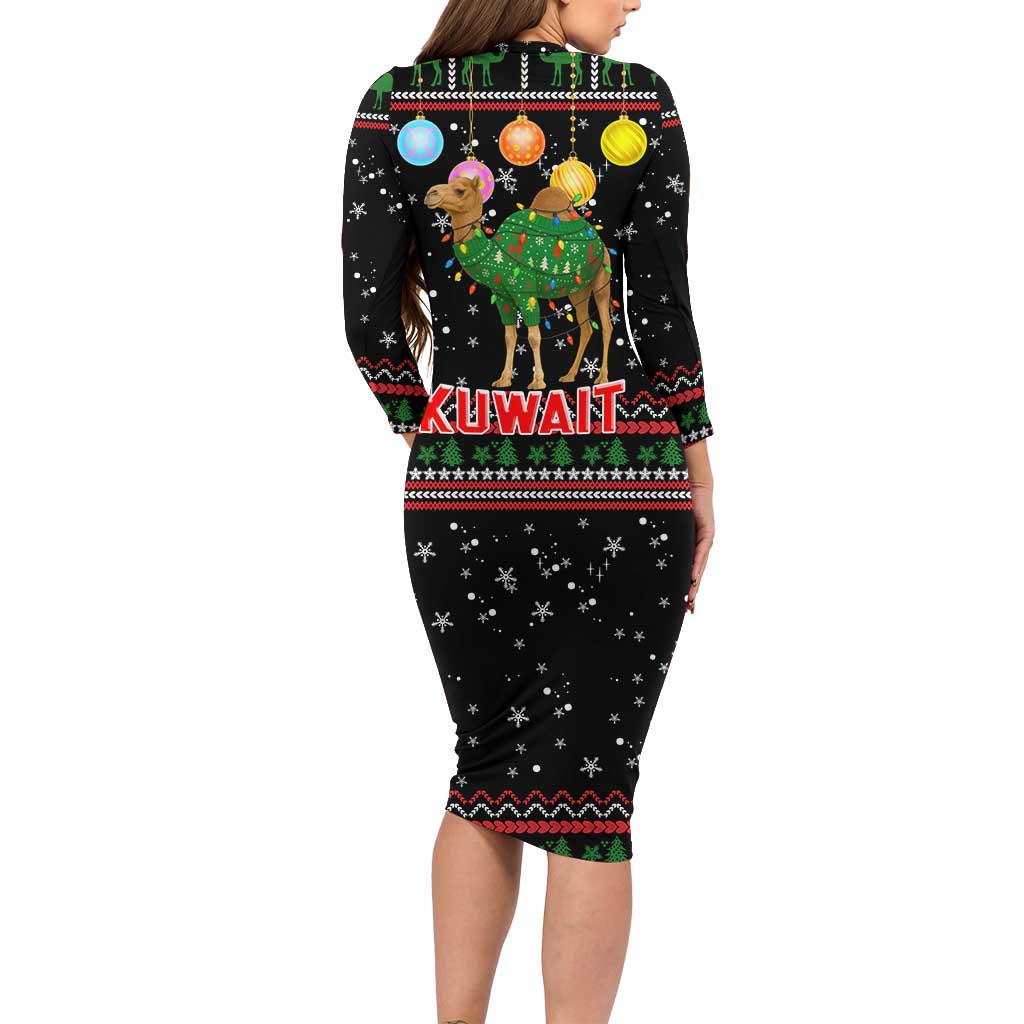 Kuwait Christmas Long Sleeve Bodycon Dress with Camel in Festive Ornaments Snowflakes and Green Red - Wonder Print Shop