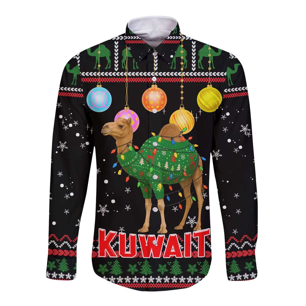 Kuwait Christmas Long Sleeve Button Shirt with Camel in Festive Ornaments Snowflakes and Green Red - Wonder Print Shop