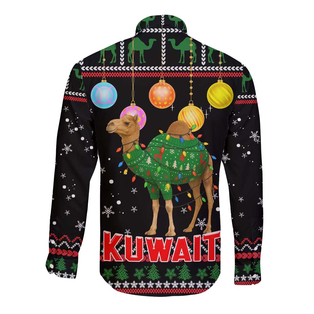 Kuwait Christmas Long Sleeve Button Shirt with Camel in Festive Ornaments Snowflakes and Green Red - Wonder Print Shop