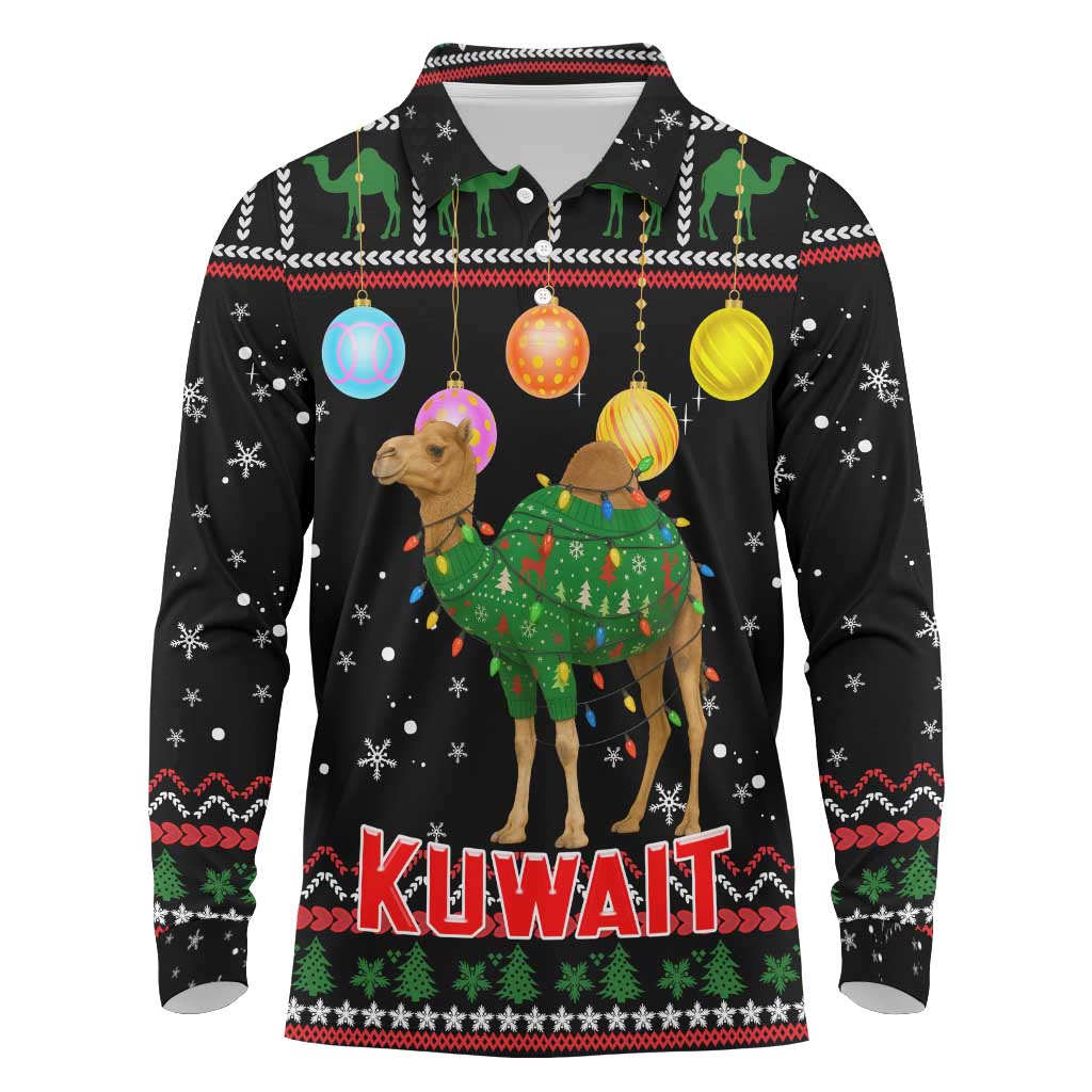 Kuwait Christmas Long Sleeve Polo Shirt with Camel in Festive Ornaments Snowflakes and Green Red - Wonder Print Shop