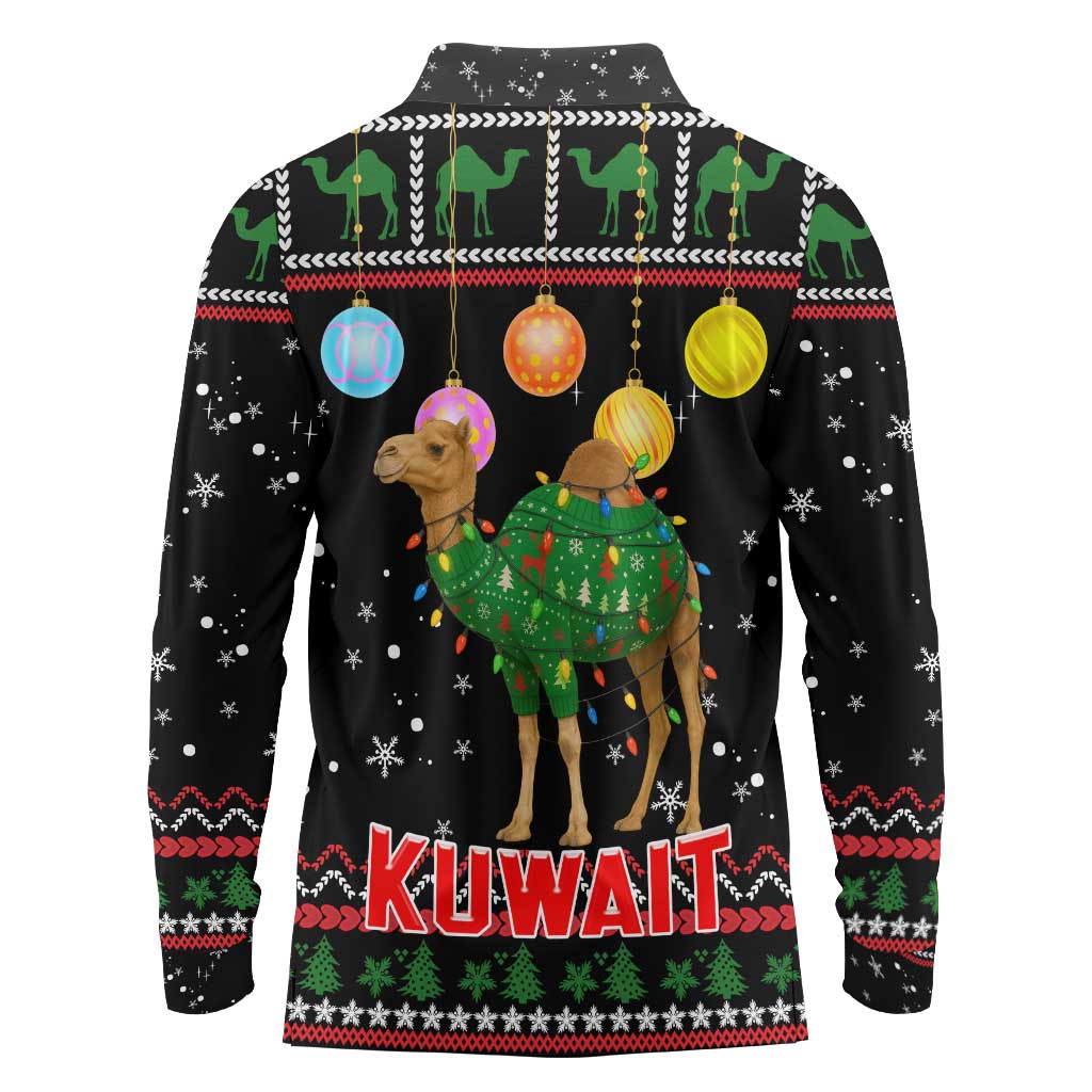 Kuwait Christmas Long Sleeve Polo Shirt with Camel in Festive Ornaments Snowflakes and Green Red - Wonder Print Shop