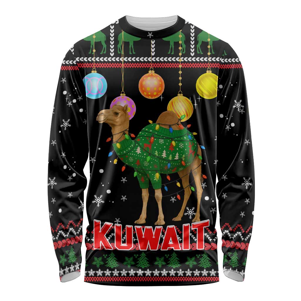 Kuwait Christmas Long Sleeve Shirt with Camel in Festive Ornaments Snowflakes and Green Red - Wonder Print Shop